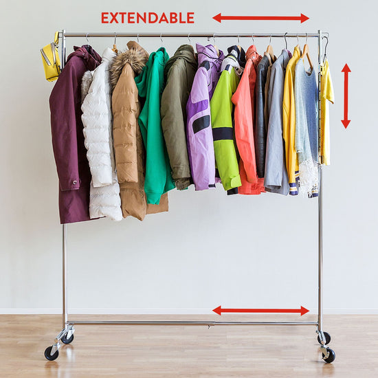Heavy Duty Clothes Rail, 220 Lbs Capacity, Extendable Clothes Rack, Clothes Rail on Wheels, Tatkraft Urban, video