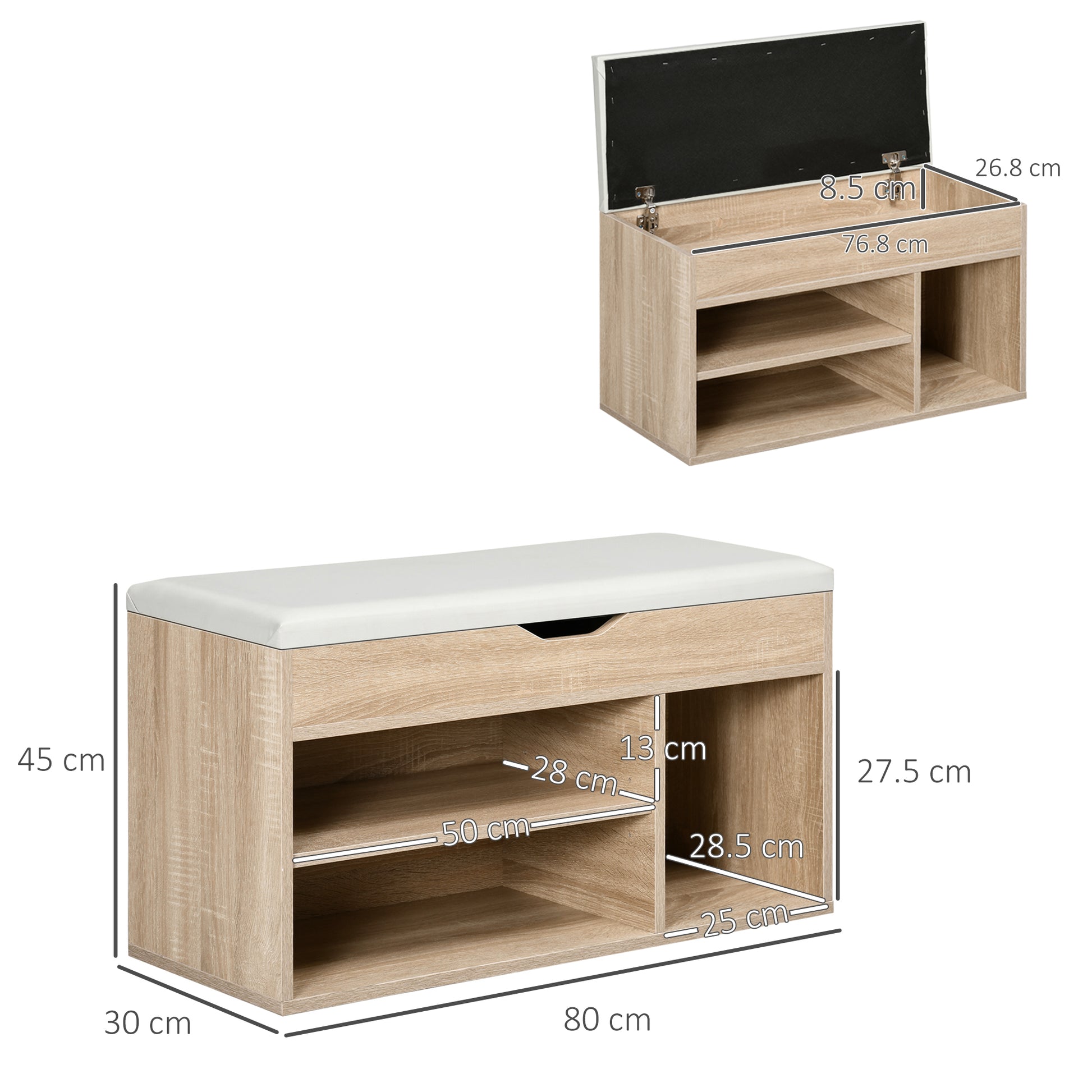 Shoes Cabinet Bench Hidden Storage Padded Seat Organiser Footwear Rack Hallway Oak Tone, HOMCOM, 3