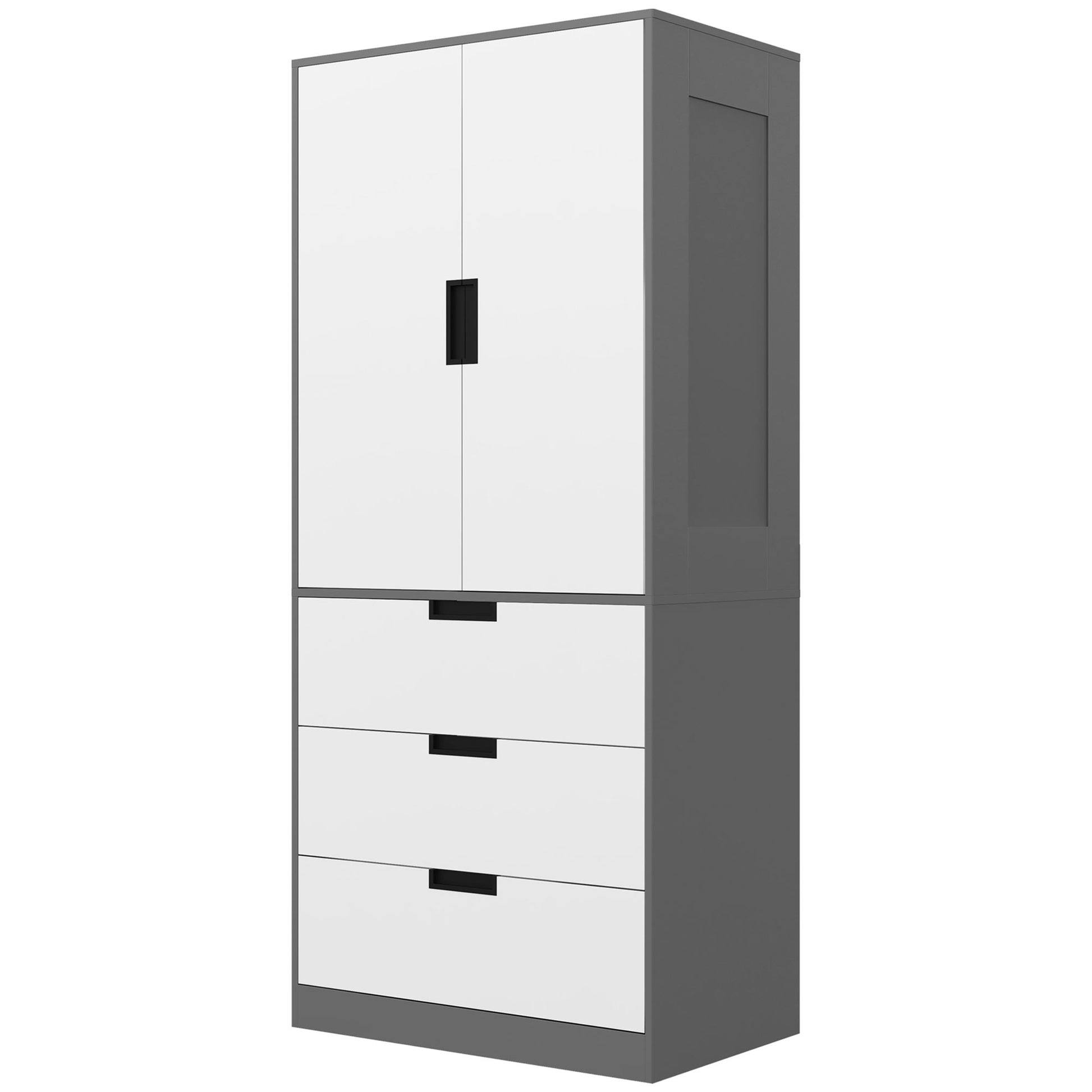 2 Door Wardrobe, Modern Wardrobe with 3 Drawers and Hanging Rod for Bedroom, Grey, HOMCOM, 1