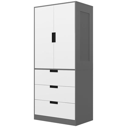 2 Door Wardrobe, Modern Wardrobe with 3 Drawers and Hanging Rod for Bedroom, Grey, HOMCOM, 1