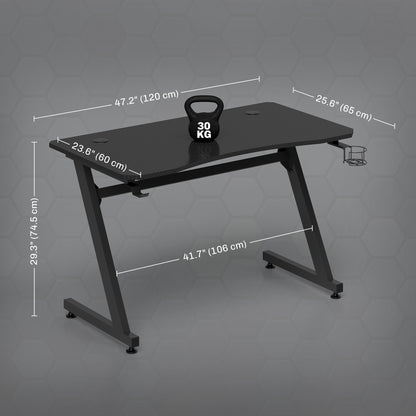 Gaming Desk 120 x 65 cm Steel Frame with Cup Holder, Headphone Hook, Adjustable Feet and Cable Organiser, Home Office Computer Table, Black, HOMCOM, 3