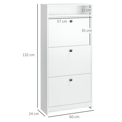 Shoe Cabinet with 3 Flip Doors, 4 Tier Shoe Rack with 1 Open Shelf, Slim Shoe Cupboard for 14-18 Pairs Shoes, for Hallway and Narrow Entrance, 24 x 60 x 132 cm, White, HOMCOM, 3