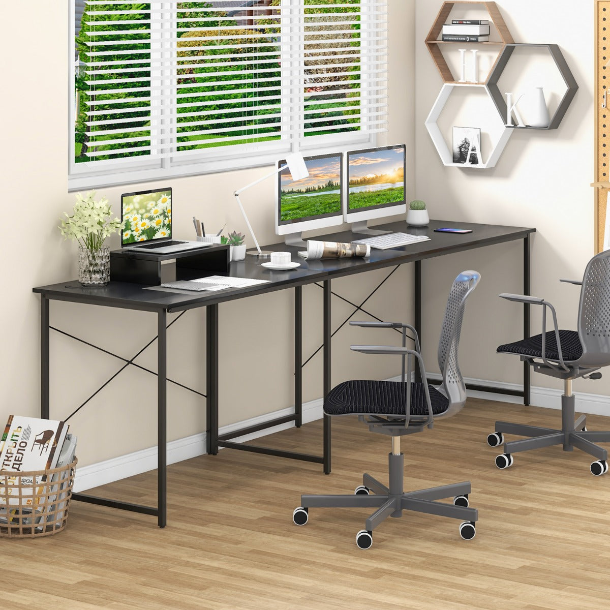 Reversible Corner Study Workstation and Writing Desk with Monitor Stand-Black, Costway, 3