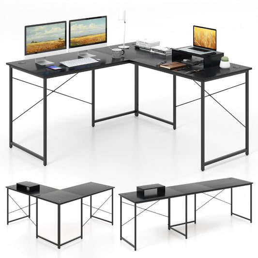 Reversible Corner Study Workstation and Writing Desk with Monitor Stand-Black, Costway, 1