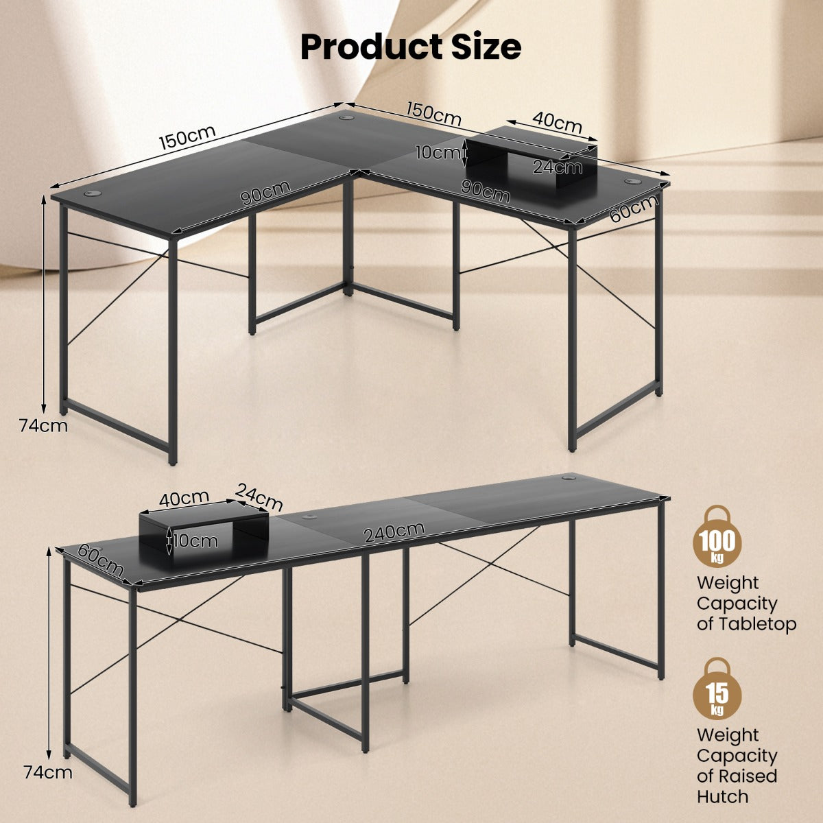 Reversible Corner Study Workstation and Writing Desk with Monitor Stand-Black, Costway, 4