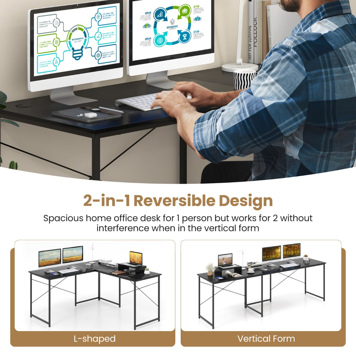 Reversible Corner Study Workstation and Writing Desk with Monitor Stand-Black, Costway, 6