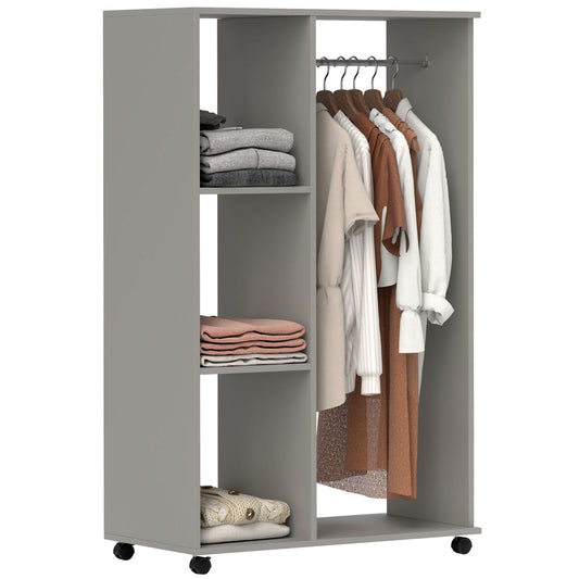 Open Wardrobe on Wheels with Clothes Rail, Bedroom Clothes Storage with Hanging Rod, 3 Storage Shelves, Mobile Garment Rack for Cloakroom, Hallway, Grey, HOMCOM, 1