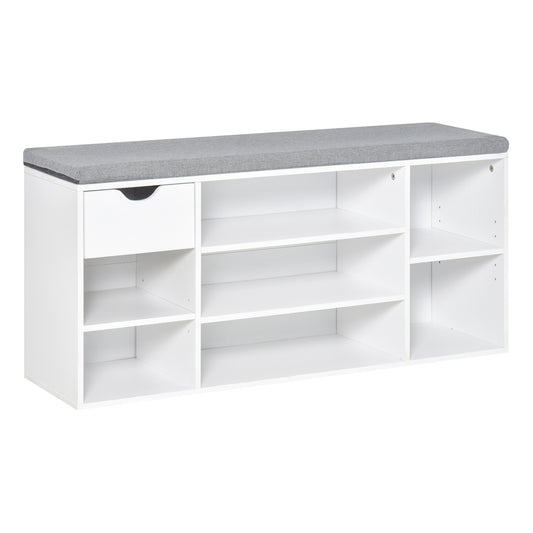 Shoe Bench with Seat Cushion Shoe Storage Cabinet with 7 Compartments Drawer Adjustable Shelves for Entryway Hallway Living Room White and Grey, HOMCOM, 1