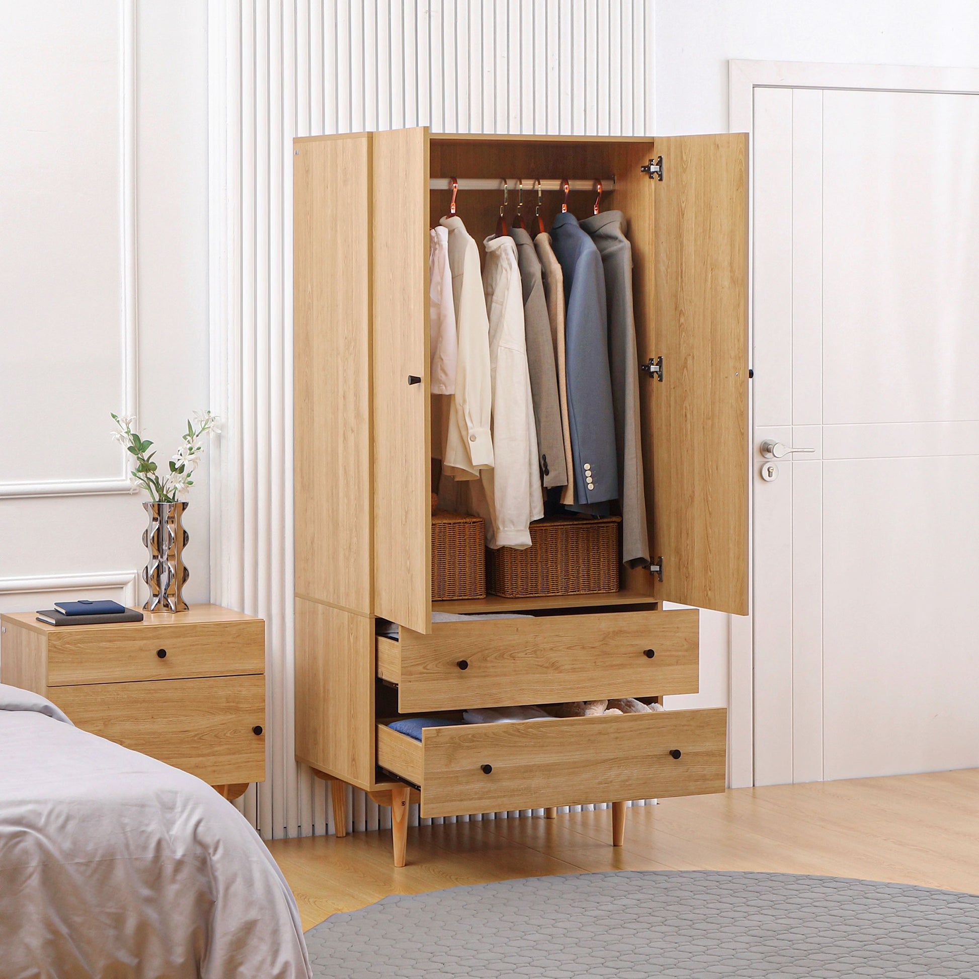 Wardrobe with 2 Doors, 2 Drawers, Hanging Rail for Bedroom Clothes Storage Organiser, 80x52x180cm, Natural Tone, HOMCOM, 2