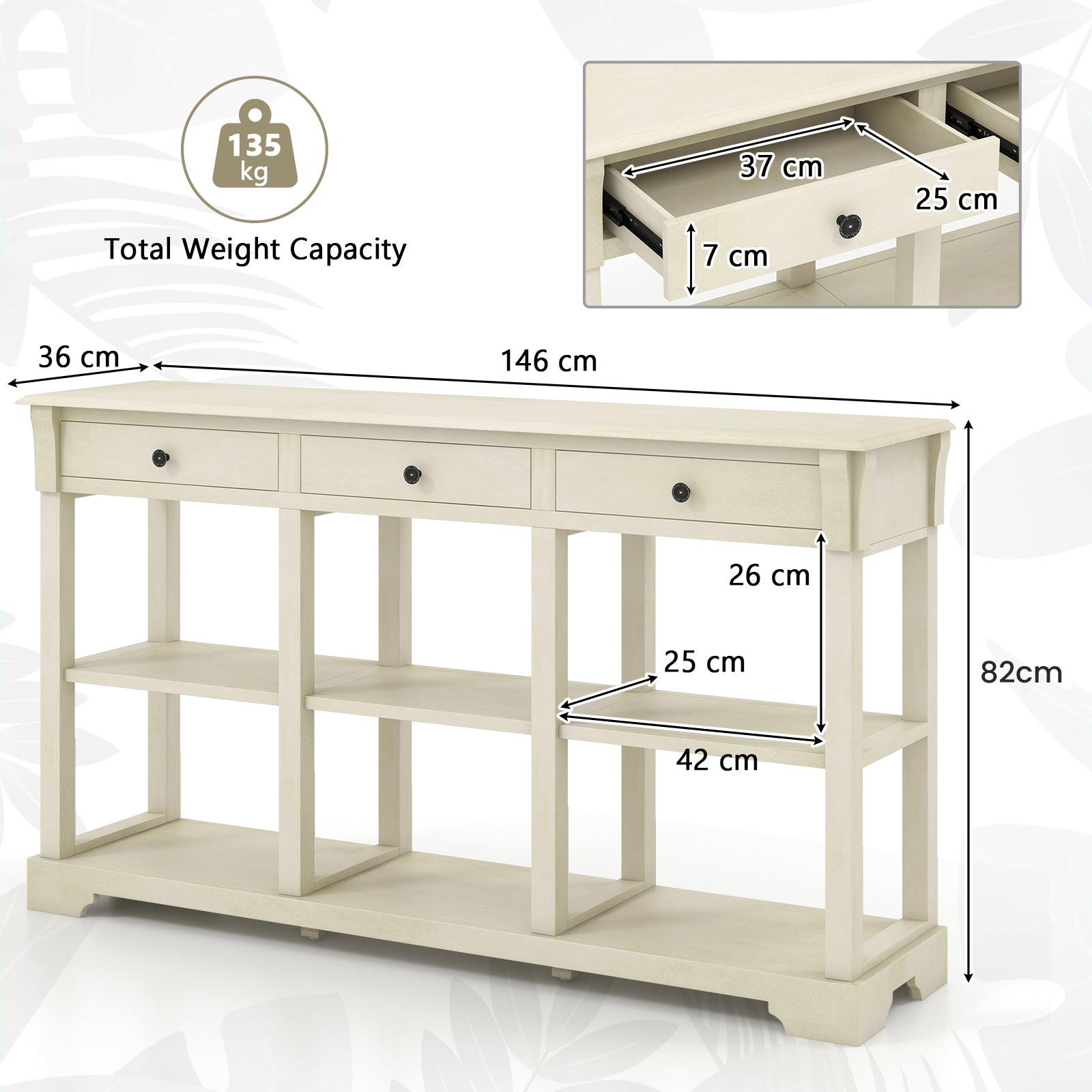 Retro Console Table with 3 Drawers and Open Shelves-White, Costway, 5