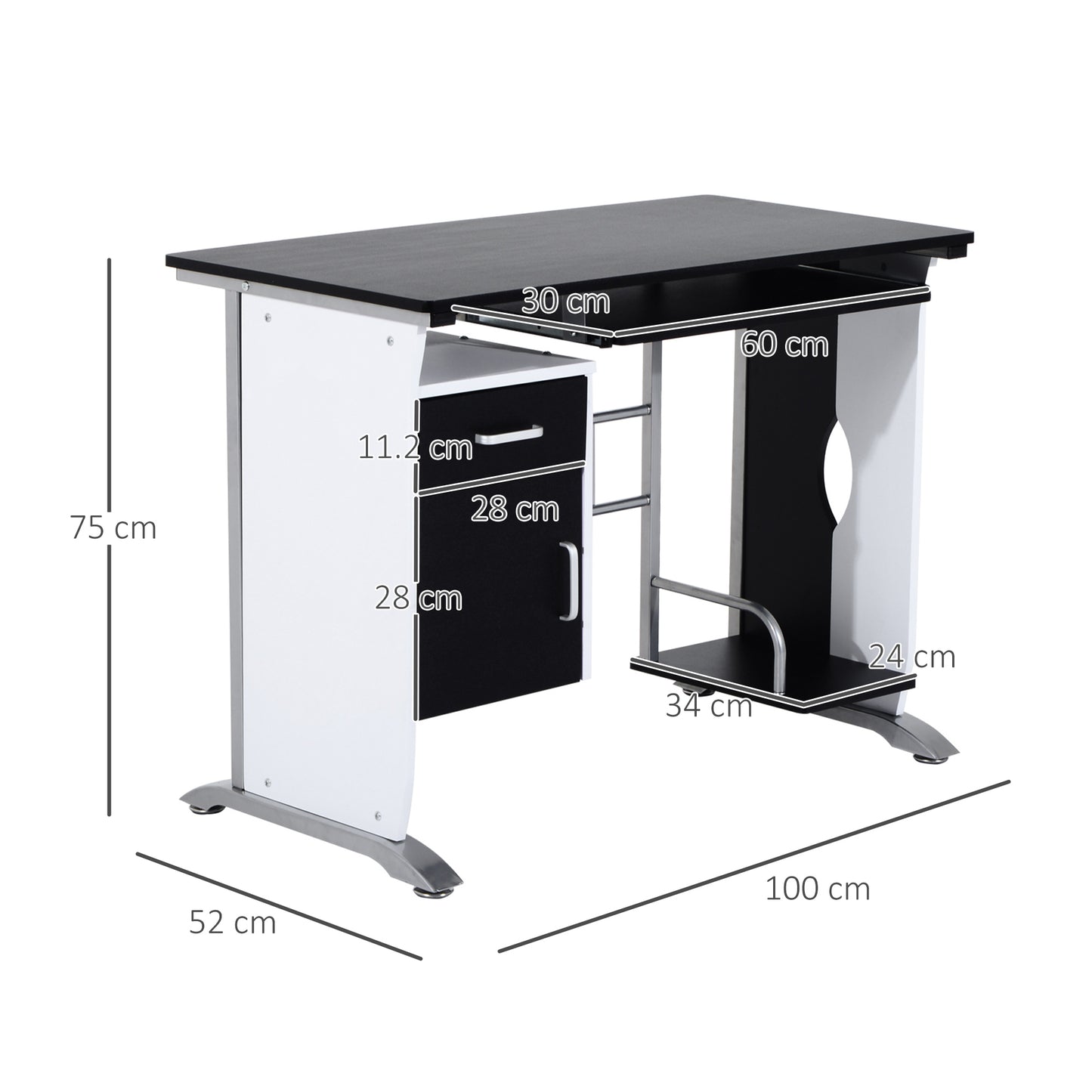 Computer Desk with Sliding Keyboard Tray, Storage Drawers and Host Box Shelf, Home Office Desk, Study Workstation, 100 x 52 x 75cm, Black, HOMCOM, 3