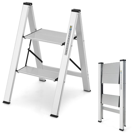 Step Stool, Folding Step Stool, 2 Step Ladder, Aluminum Folding Step Stool with Non-Slip Pedal & Footpads, Silver, Costway
