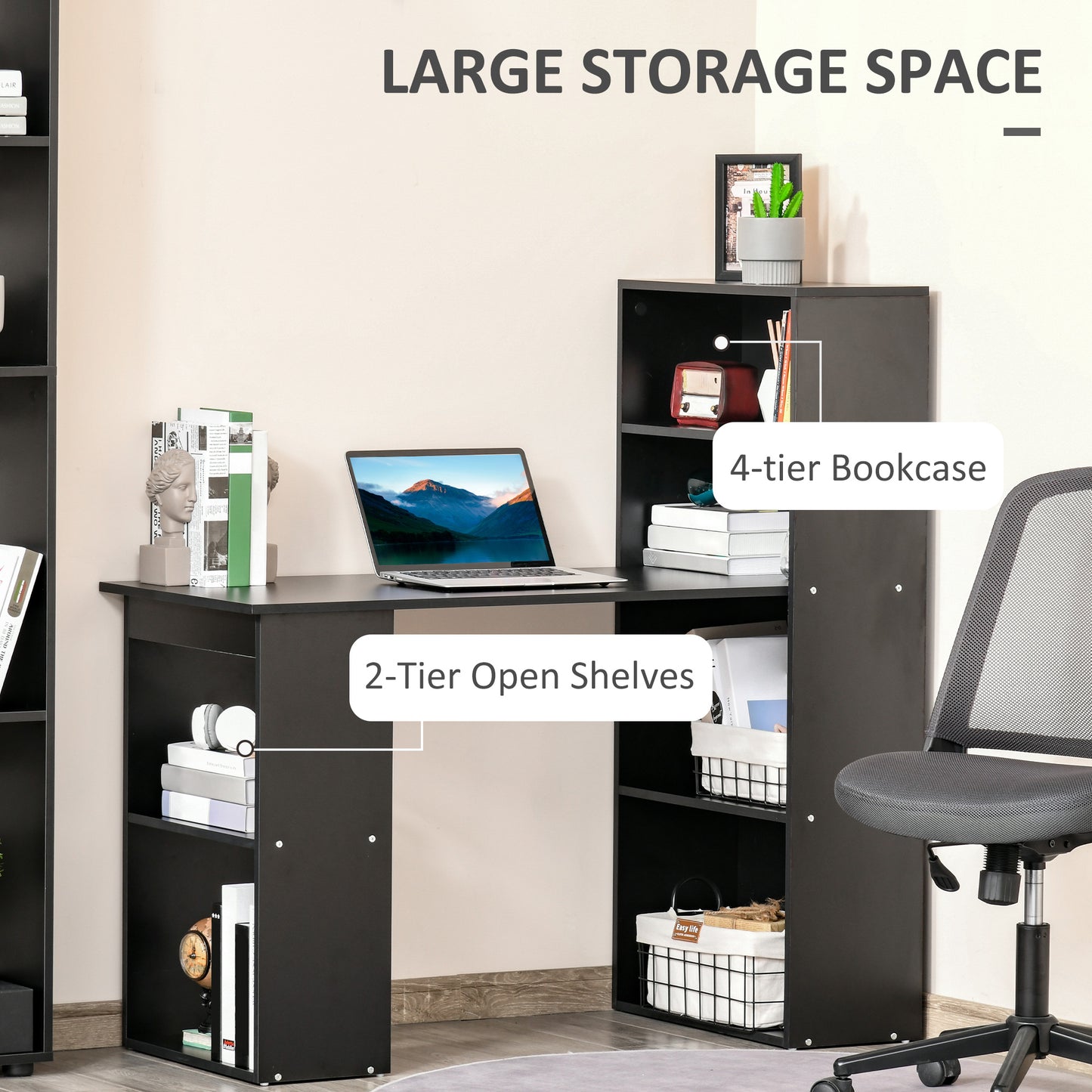 120cm Modern Computer Desk Bookshelf Study Table Workstation PC Laptop Writing Home Office 6 Shelves Black, HOMCOM, 5