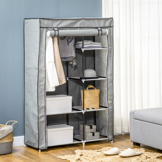 Fabric Wardrobe, Portable Wardrobe with 6 Shelves, 1 Hanging Rail, Foldable Closets, 103 x 43 x 162.5 cm, Light Grey, HOMCOM, 2