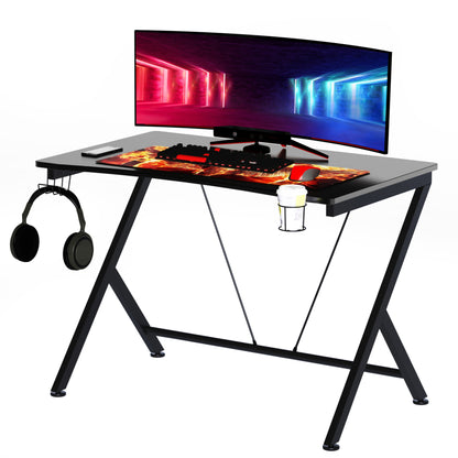 Gaming Desk, 108 x 66cm Computer Table Metal Frame with Cup Holder, Headphone Hook, Cable Hole, for Small Spaces, Black, HOMCOM, 1