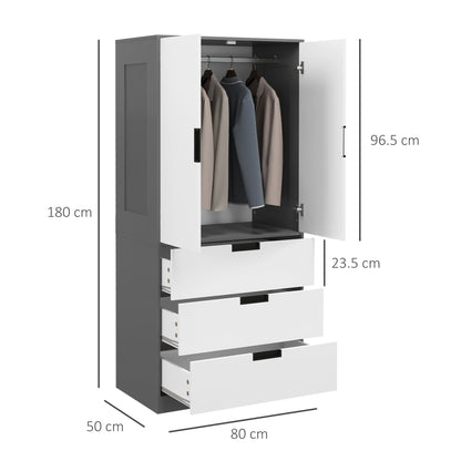 2 Door Wardrobe, Modern Wardrobe with 3 Drawers and Hanging Rod for Bedroom, Grey, HOMCOM, 3