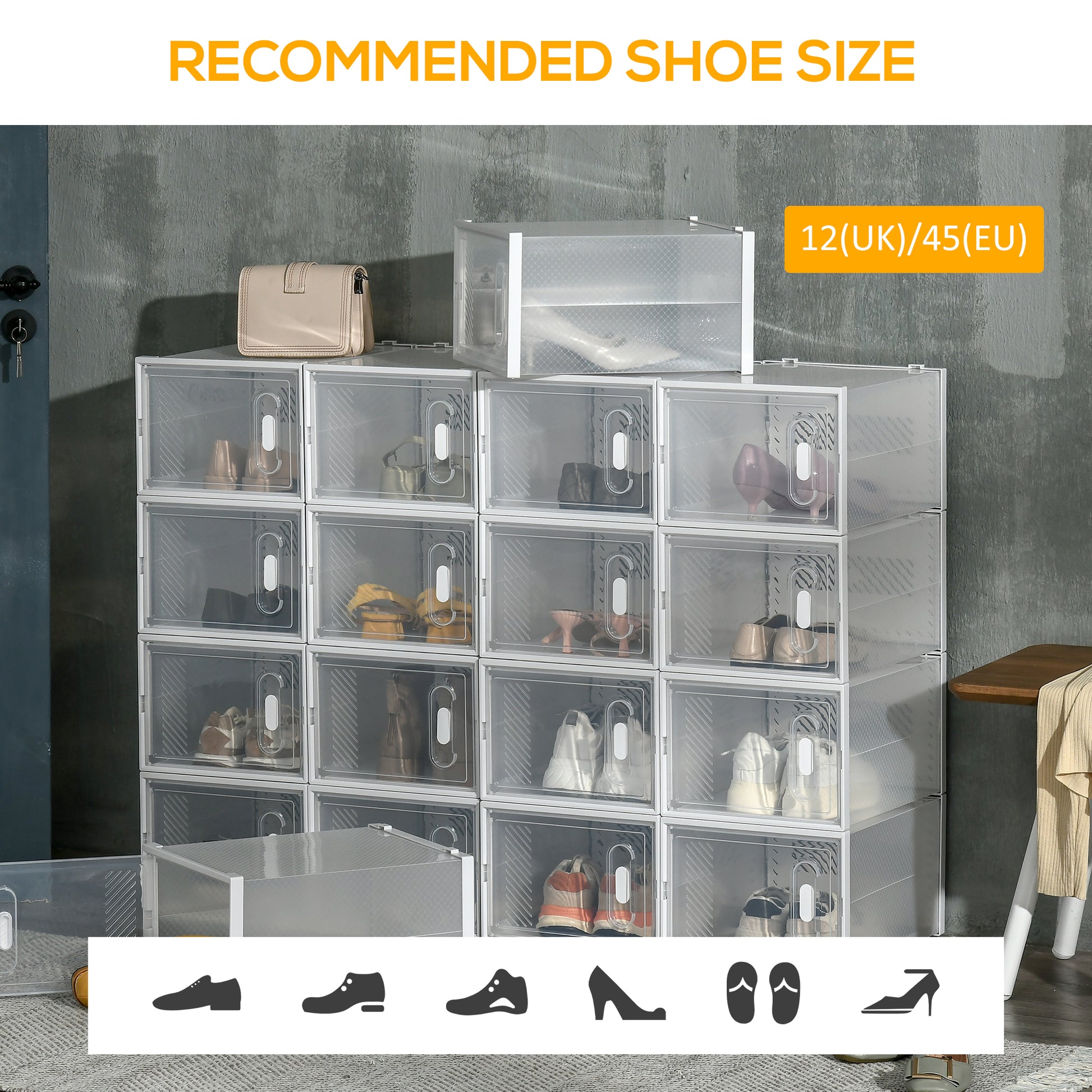 18PCS Clear Shoe Box, Plastic Stackable Shoe Storage Box for UK/EU Size up to 12/46 with Magnetic Door for Women/Men, 28 x 36 x 21cm, HOMCOM, 7