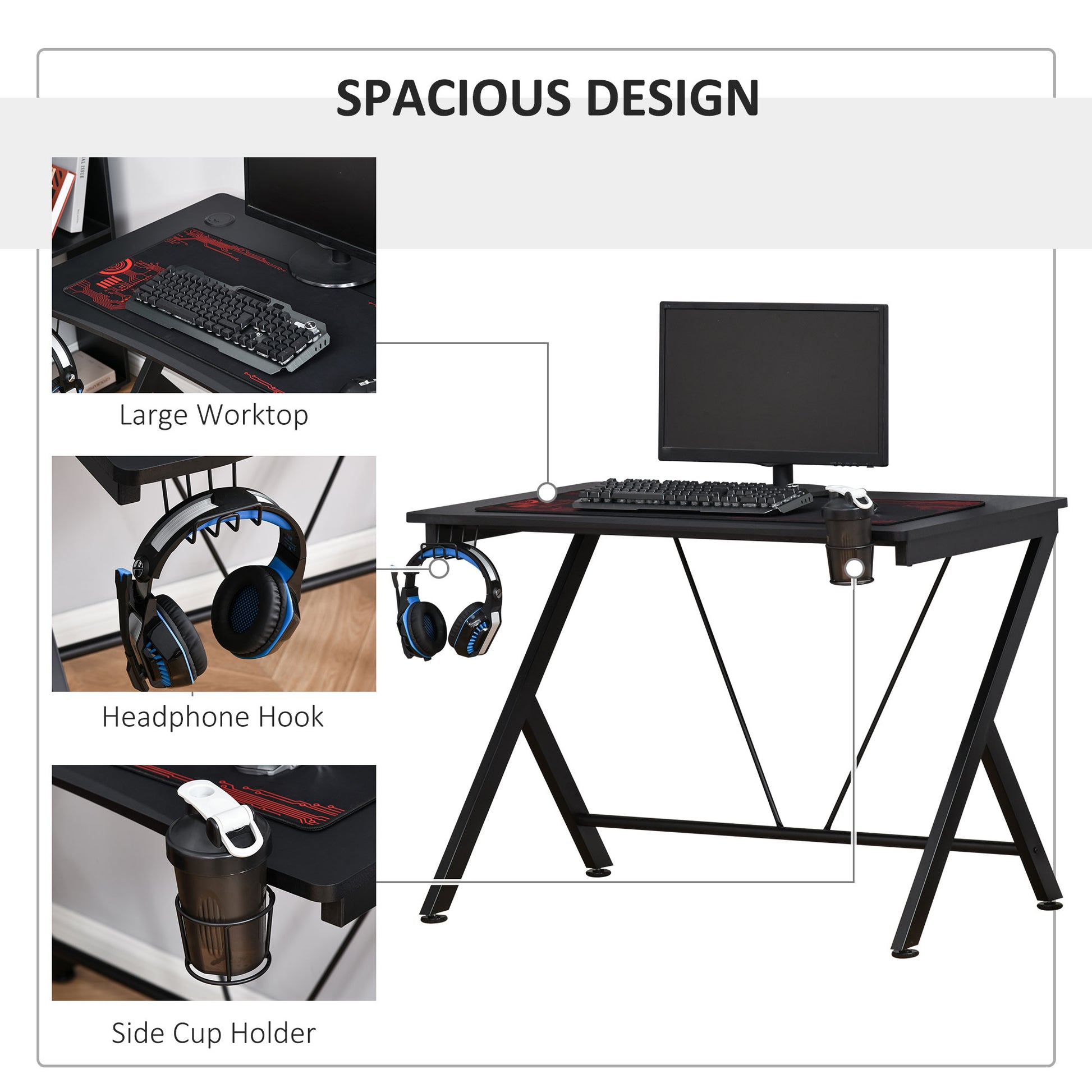 Gaming Desk, 108 x 66cm Computer Table Metal Frame with Cup Holder, Headphone Hook, Cable Hole, for Small Spaces, Black, HOMCOM, 4