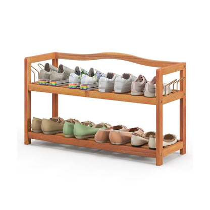 Solid Acacia Wood Shoe Rack Shelf with Side Metal Hooks-2-Tier, Costway, 1