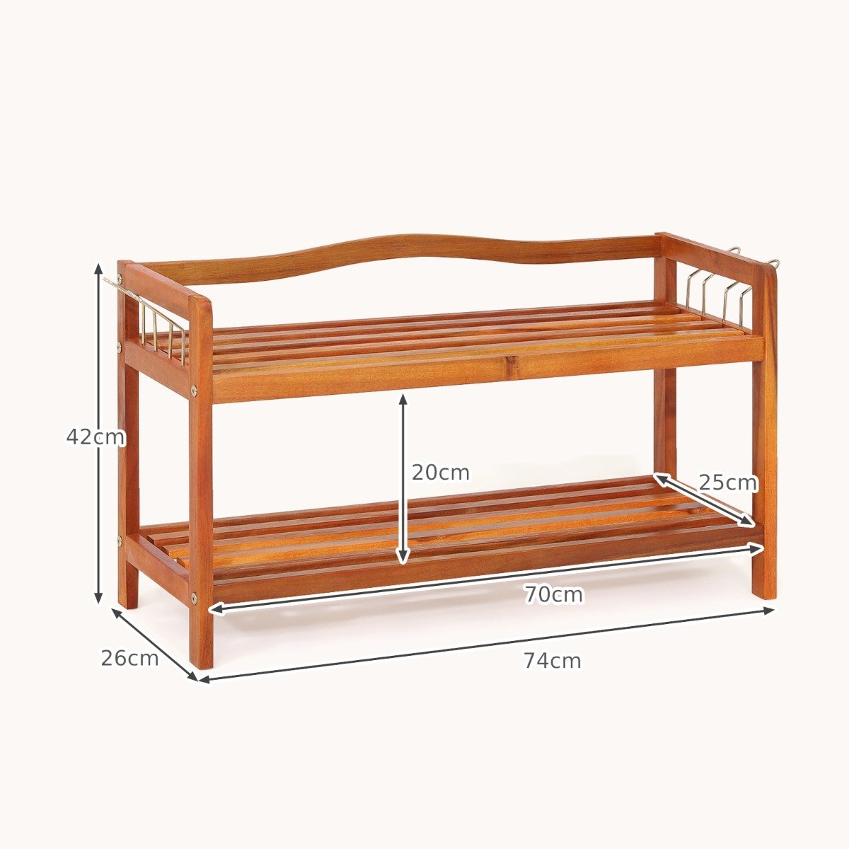 Solid Acacia Wood Shoe Rack Shelf with Side Metal Hooks-2-Tier, Costway, 3