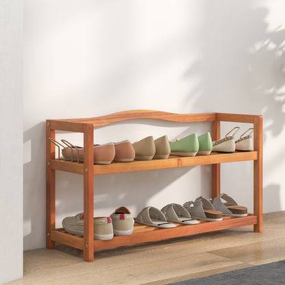 Solid Acacia Wood Shoe Rack Shelf with Side Metal Hooks-2-Tier, Costway, 2