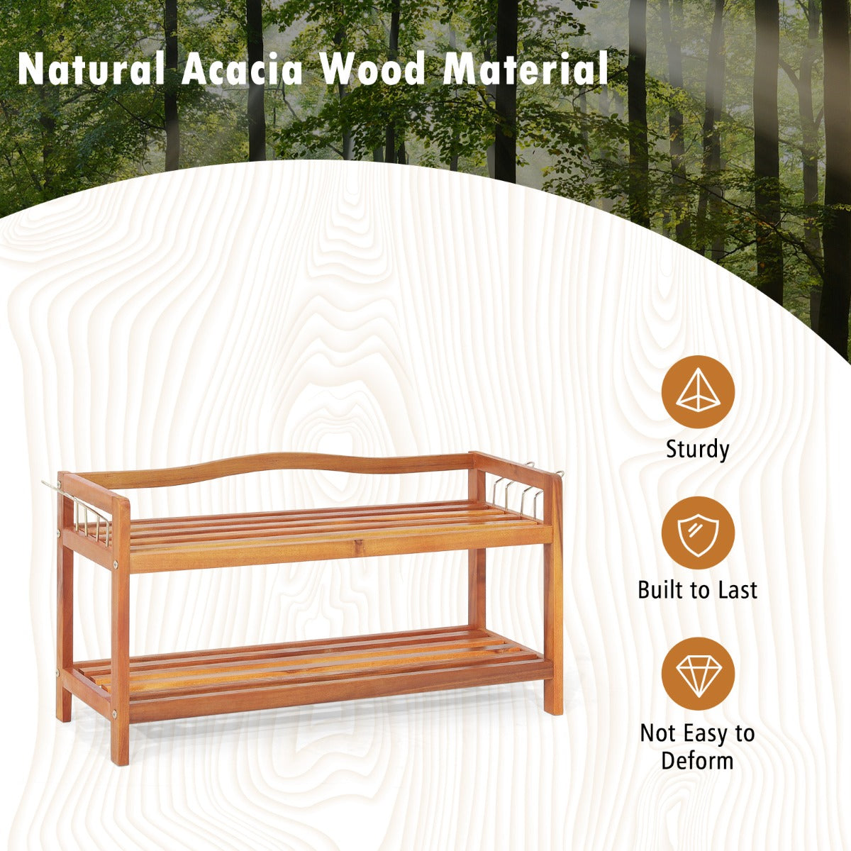 Solid Acacia Wood Shoe Rack Shelf with Side Metal Hooks-2-Tier, Costway, 5