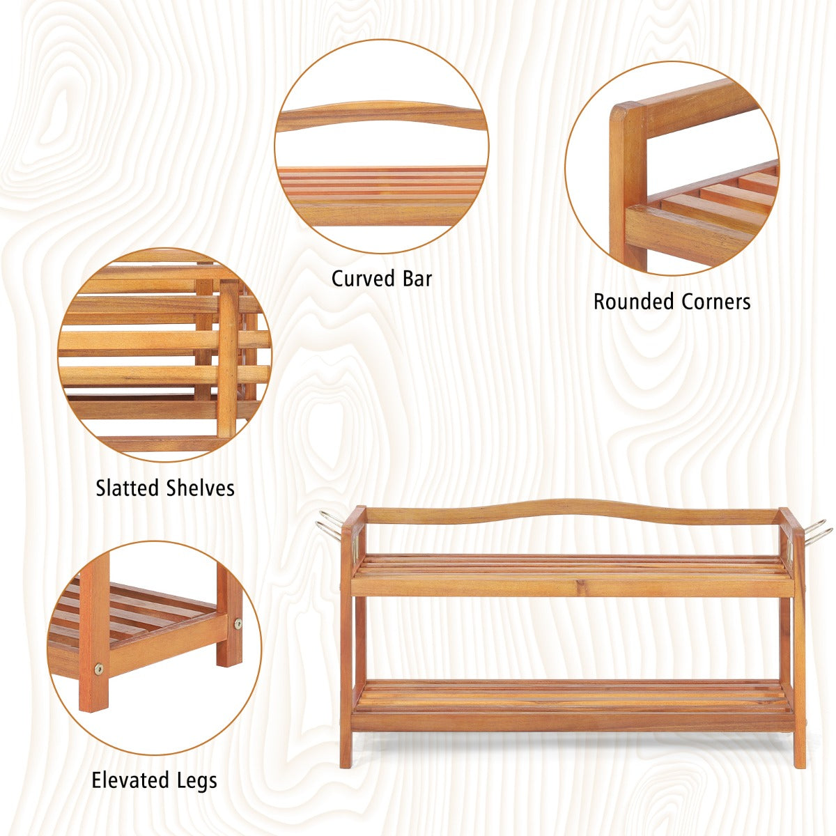 Solid Acacia Wood Shoe Rack Shelf with Side Metal Hooks-2-Tier, Costway, 7