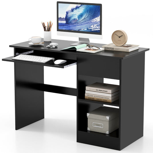 Wooden Computer Desk with Pull-out Keyboard Tray and Adjustable Storage Shelves-Black, Costway, 1