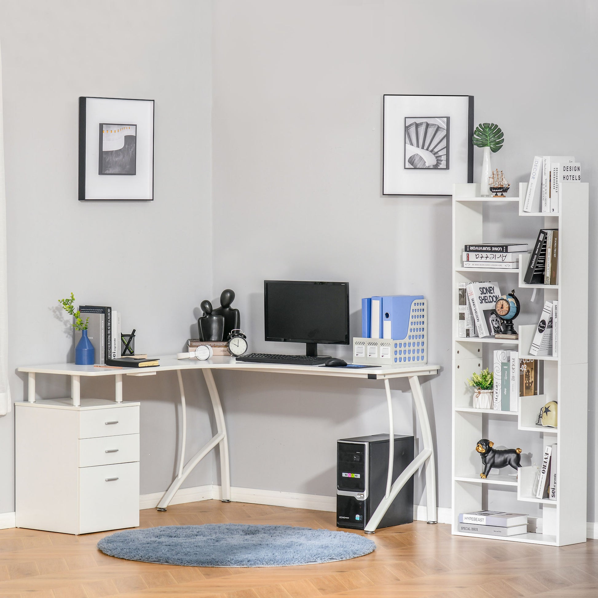 L-Shaped Computer Desk Table with Storage Drawer Home Office Corner Industrial Style Workstation for A4 Files 152 x 143.5 x 76cm, White, HOMCOM, 8