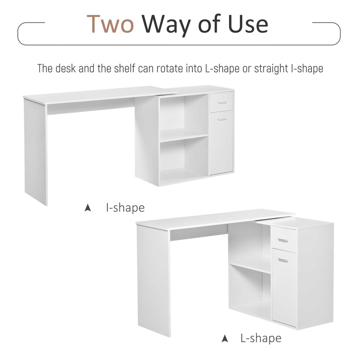 L-Shaped Desk, Corner Computer Desk, Adjustable Study Table with Storage Shelf, Drawer and Cabinet, Workstation for Home Office, White Wood Grain, HOMCOM, 5