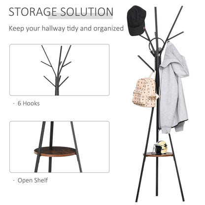 Freestanding Metal Coat Rack Stand 9 Hooks Clothes Tree with 1 Shelf Hat Display Hall Tree Hanger Bag Umbrella Hanging Organiser Brown, HOMCOM, 4