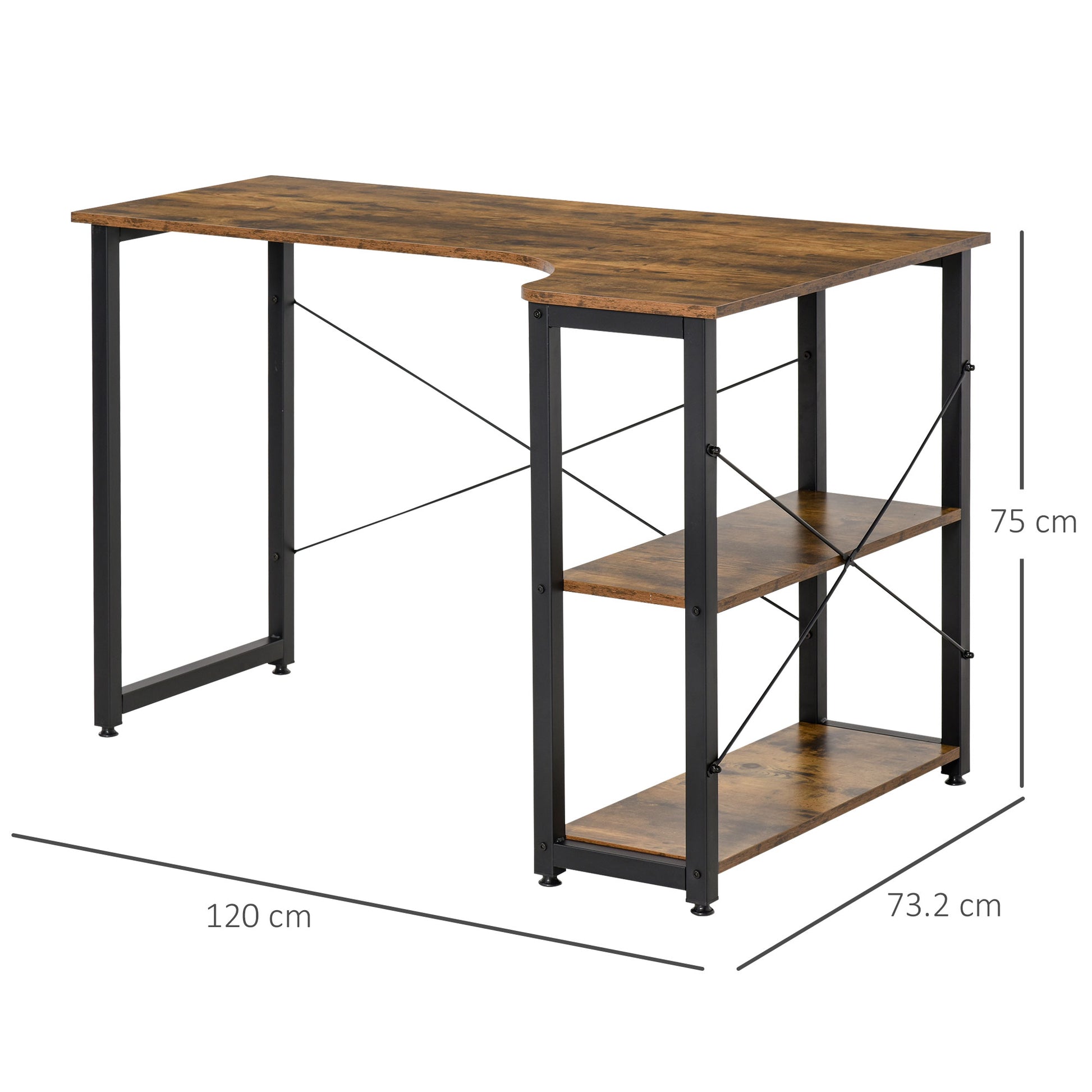 L Shaped Desk, Corner Computer Desk with Bookshelf for Home Office, Study Room, Workstation, 120 x 73.2 x 75cm, Rustic Brown, HOMCOM, 3