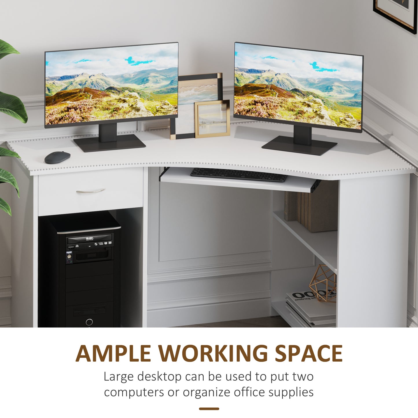 L-Shaped Corner Computer Desk w/ 2 Shelves Wide Worktop Keyboard Tray Drawer & CPU Stand Home Office Study Bedroom Furniture White, HOMCOM, 6