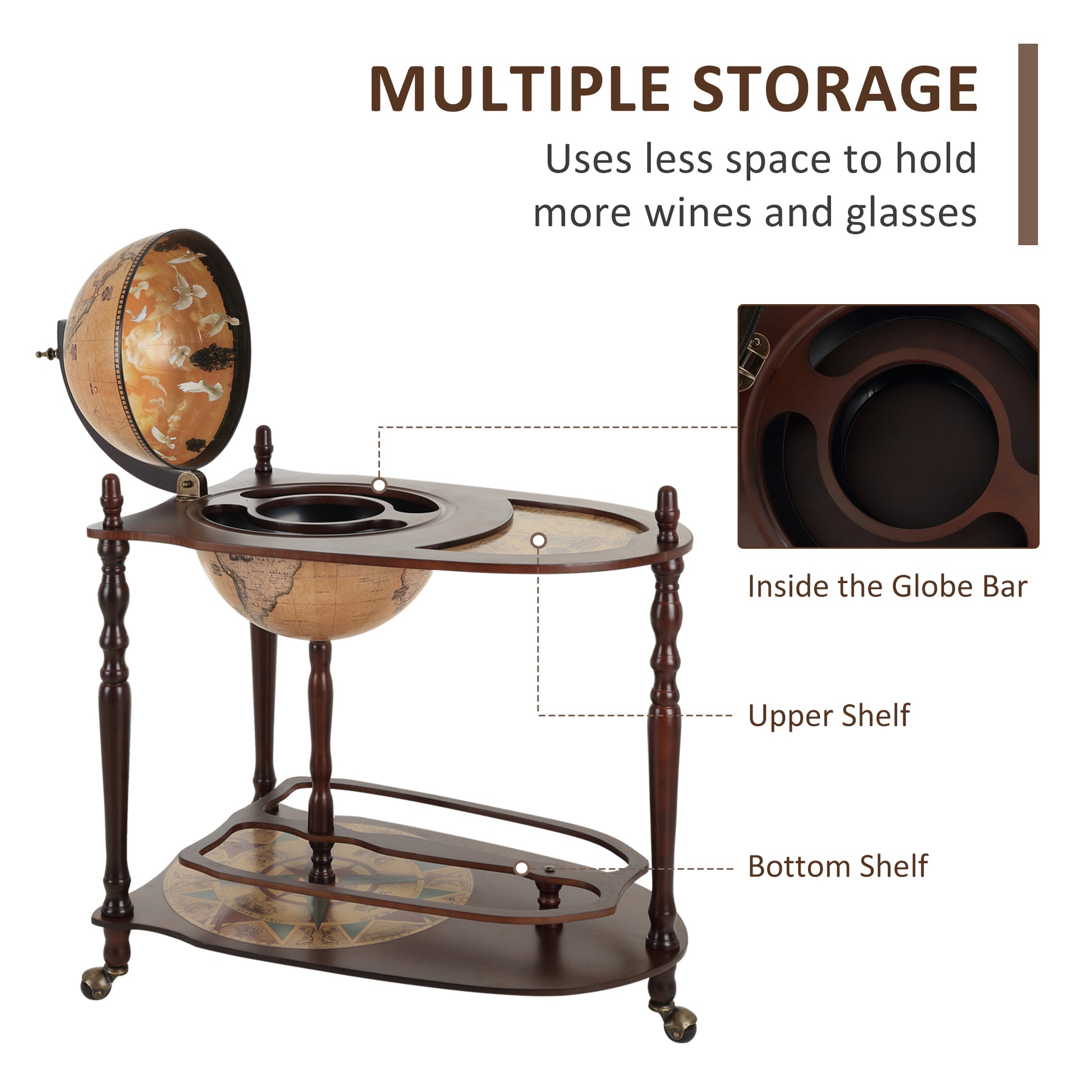 Bar Globe Drinks Cabinet Wine Container Minibar Storage Trolley Table with Bottle Glass Holder, HOMCOM, 5