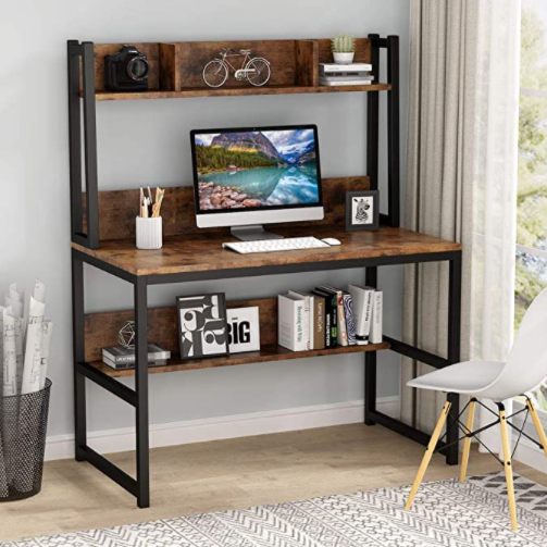 Computer Desk, office computer desk, pc desk, with Hutch, and Shelves, Brown - Tribesigns