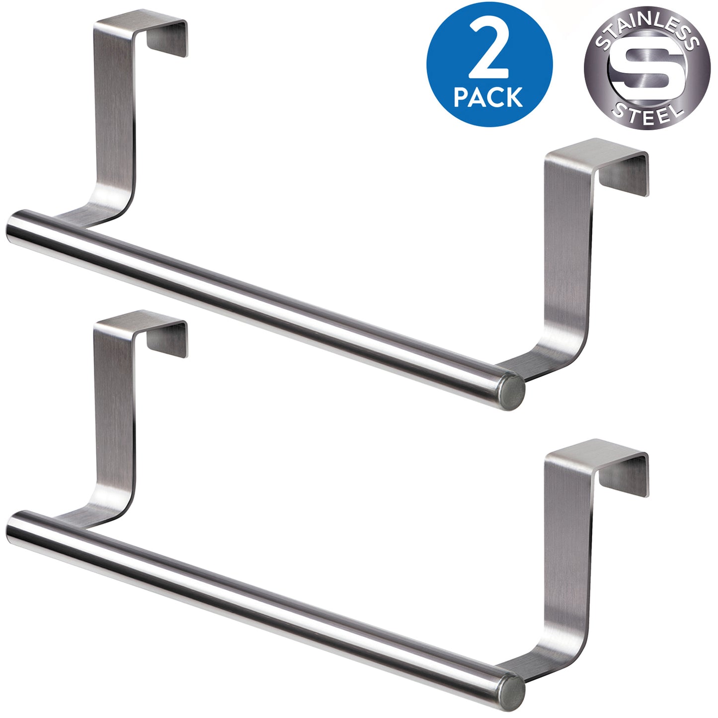 2 Pack, Over the Door Towel Rail, Stainless Steel, Towel Holder with Anti-Slip Scratch-Protecting Stripe