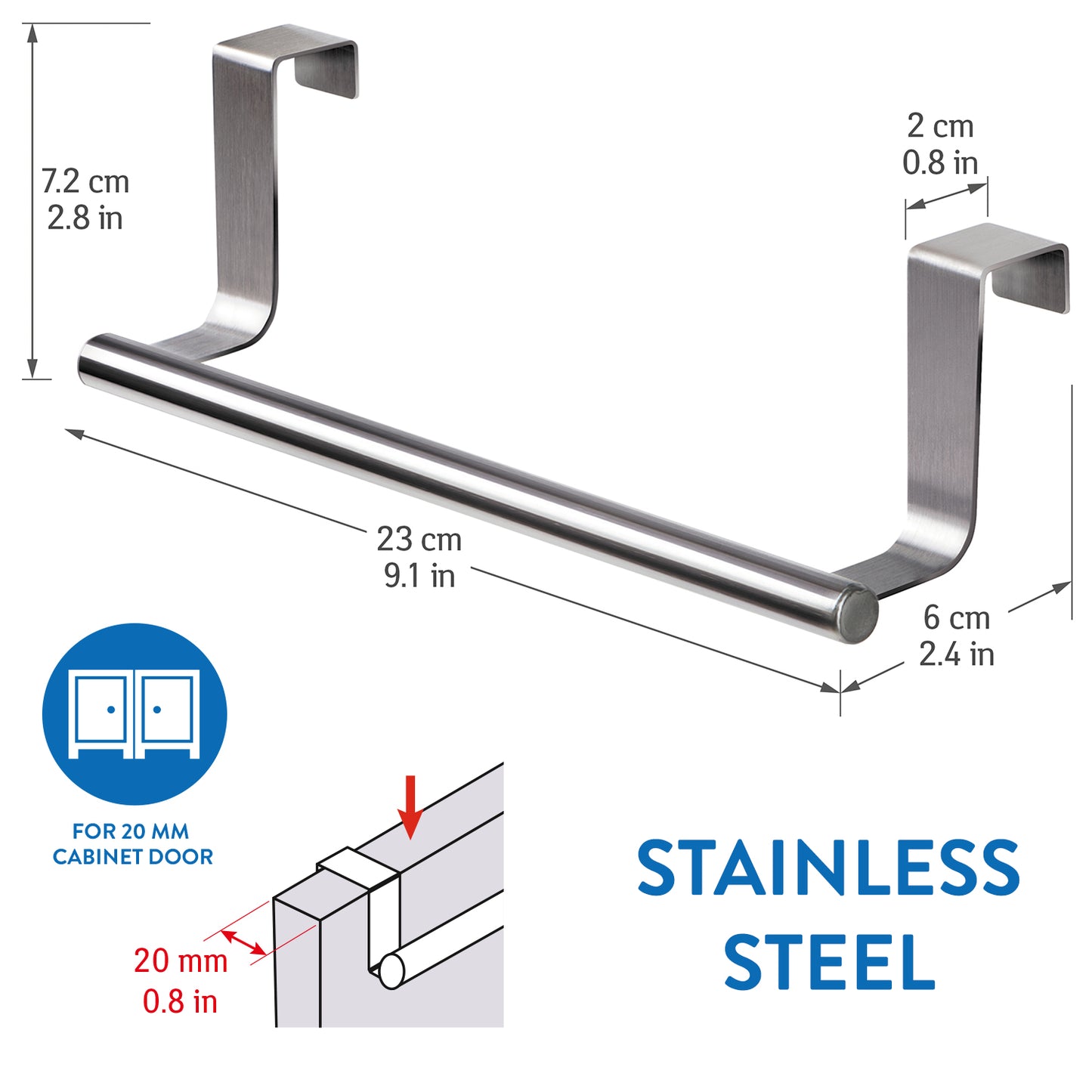 2 Pack, Over the Door Towel Rail, Stainless Steel, Towel Holder with Anti-Slip Scratch-Protecting Stripe