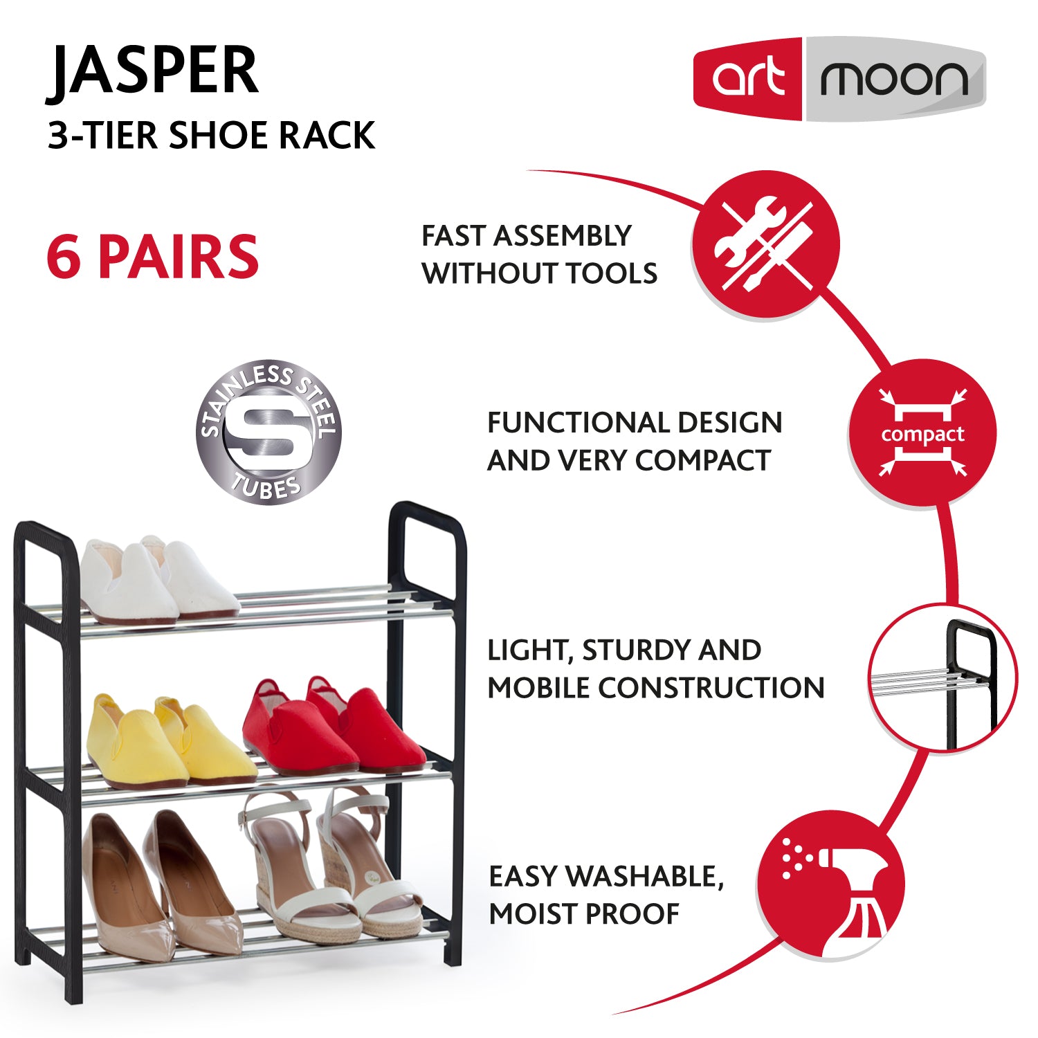 art moon Jasper - Shoe Rack 3 Tier, Rustproof Steel, Black Plastic Rattan Frame