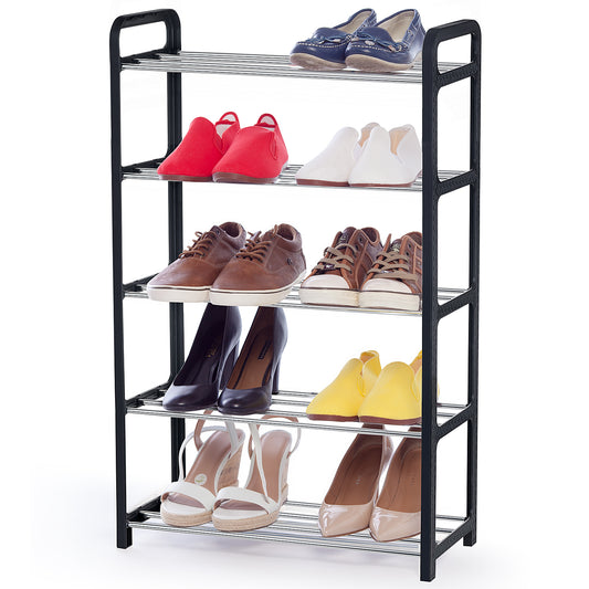 art moon Yoho - Shoe Rack 5 Tier, Holds up to 10 Pairs of Shoes, Fits into Narrow Spaces, Metal Poles and Black Plastic Rattan Frame