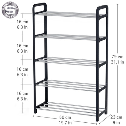 art moon Yoho - Shoe Rack 5 Tier, Holds up to 10 Pairs of Shoes, Fits into Narrow Spaces, Metal Poles and Black Plastic Rattan Frame