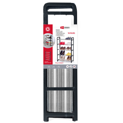 art moon Yoho - Shoe Rack 5 Tier, Holds up to 10 Pairs of Shoes, Fits into Narrow Spaces, Metal Poles and Black Plastic Rattan Frame