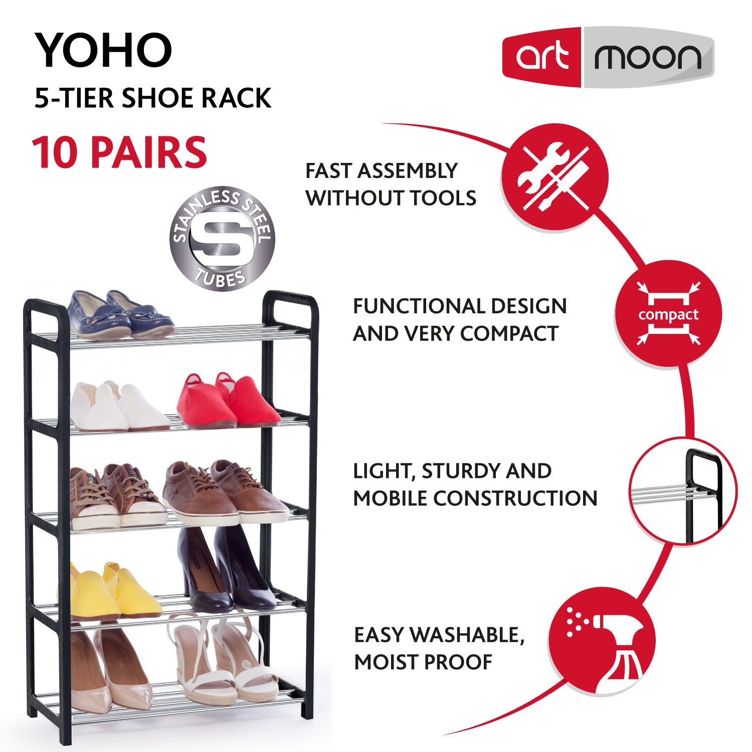 art moon Yoho - Shoe Rack 5 Tier, Holds up to 10 Pairs of Shoes, Fits into Narrow Spaces, Metal Poles and Black Plastic Rattan Frame