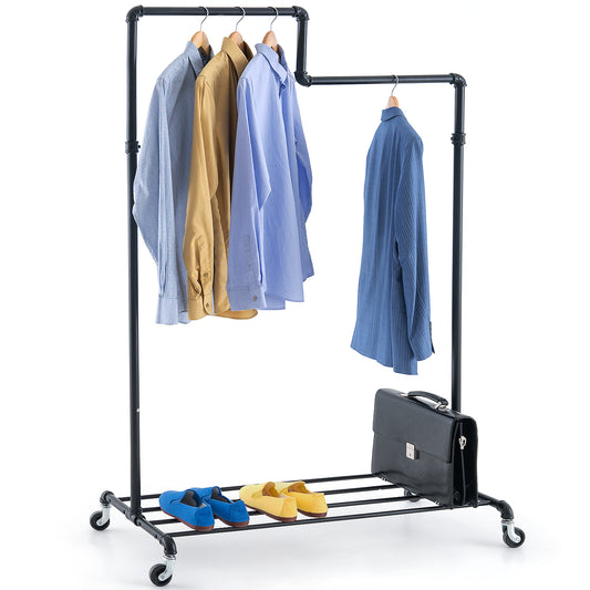 Tatkraft Tube - Clothes Rail Stable in Industrial Design, Holds up to 100kg, Heavy Duty Garment Rail with Shoe Rack, 2 Levels, Black