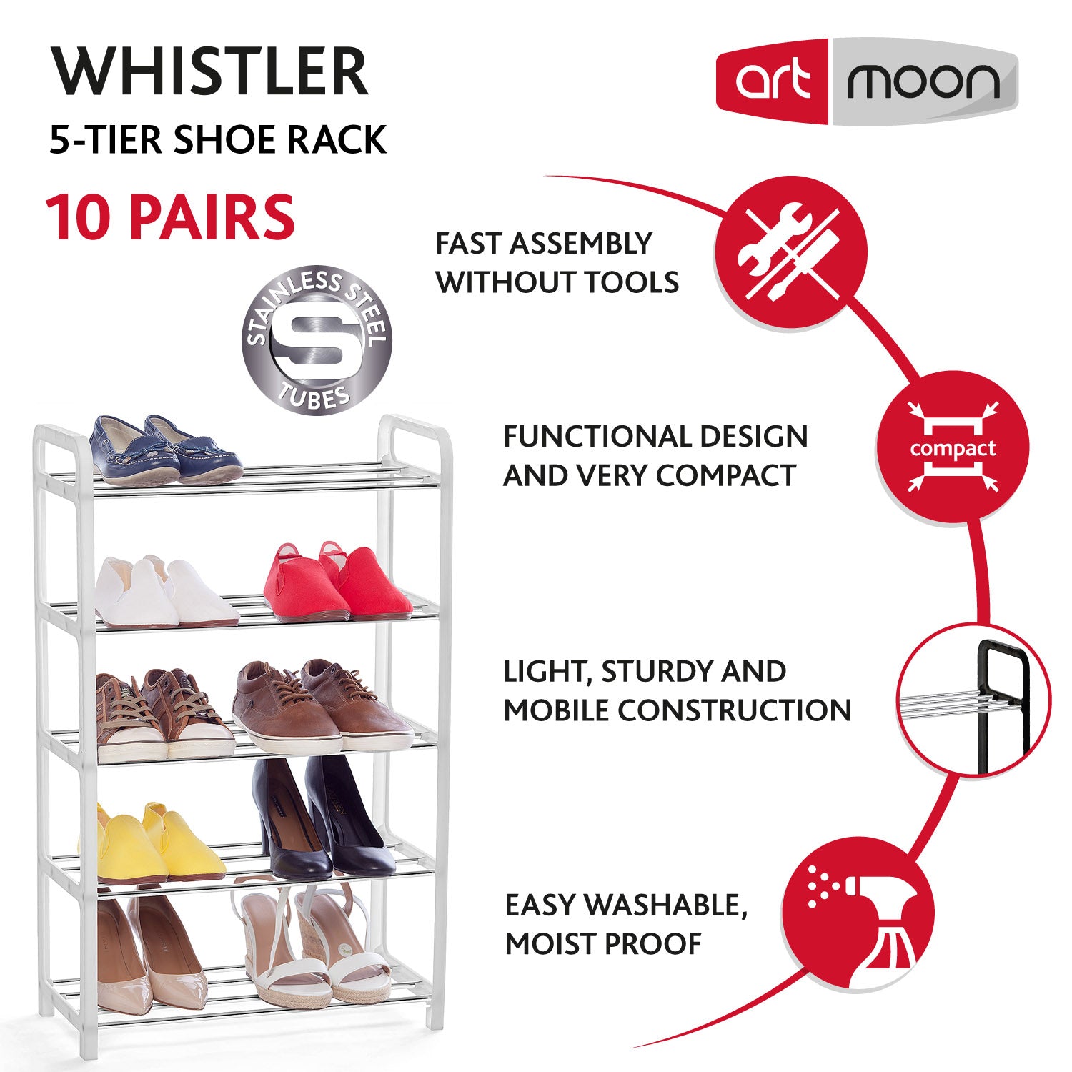 art moon Whistler - Shoe Rack 5 Tier, Holds up to 10 Pairs of Shoes, Fits into Narrow Spaces, Rustproof Metal Poles and Plastic Frame, White