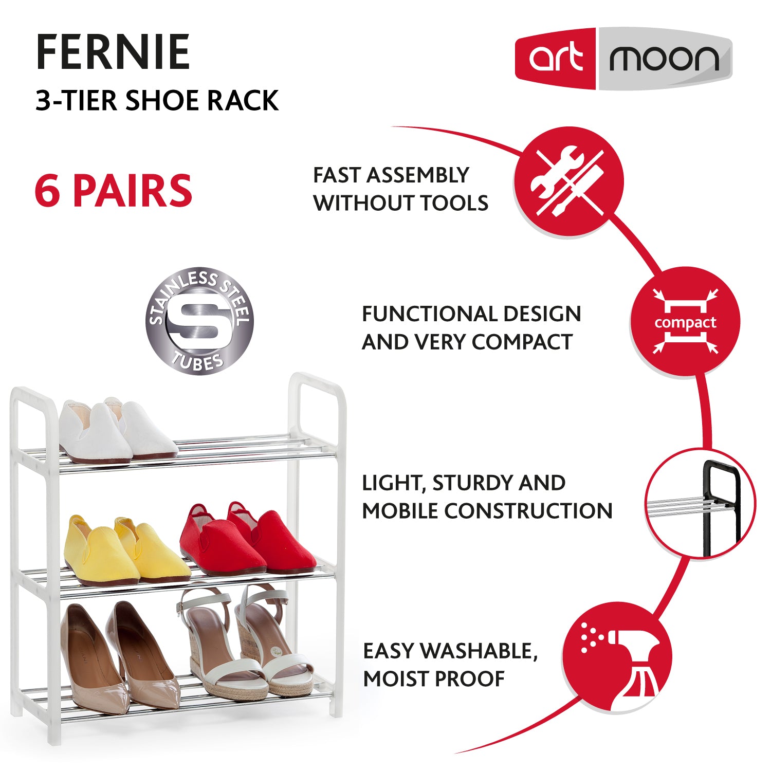 art moon Fernie - Shoe Rack 3 Tier, Holds up to 6 Pairs of Shoes, Fits into Narrow Spaces, Rustproof Metal Poles and Plastic Frame, White