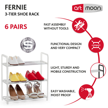 art moon Fernie - Shoe Rack 3 Tier, Holds up to 6 Pairs of Shoes, Fits into Narrow Spaces, Rustproof Metal Poles and Plastic Frame, White