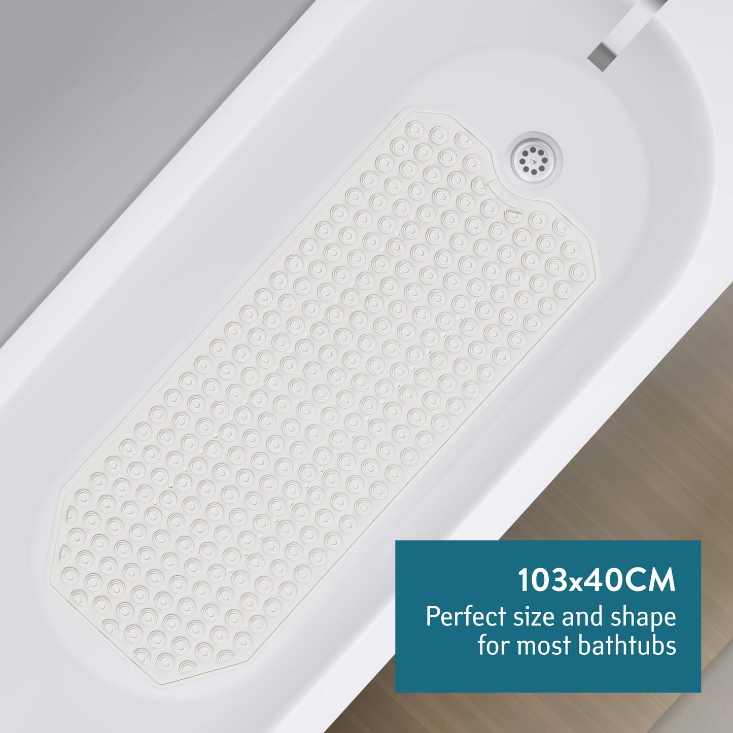 Tatkraft Secure - Non Slip Bath Mat for Inside Shower/Bath, 40 x 103cm, Durable Natural Rubber Bathtub Mat, White, Premium Italian Quality