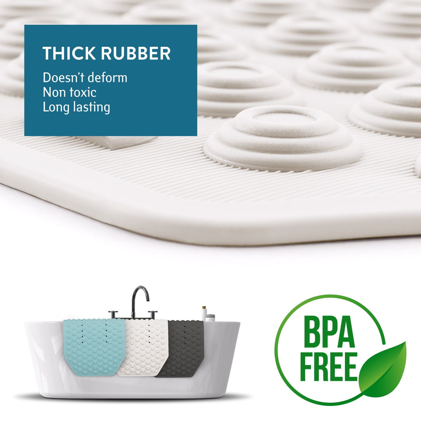 Tatkraft Secure - Non Slip Bath Mat for Inside Shower/Bath, 40 x 103cm, Durable Natural Rubber Bathtub Mat, White, Premium Italian Quality