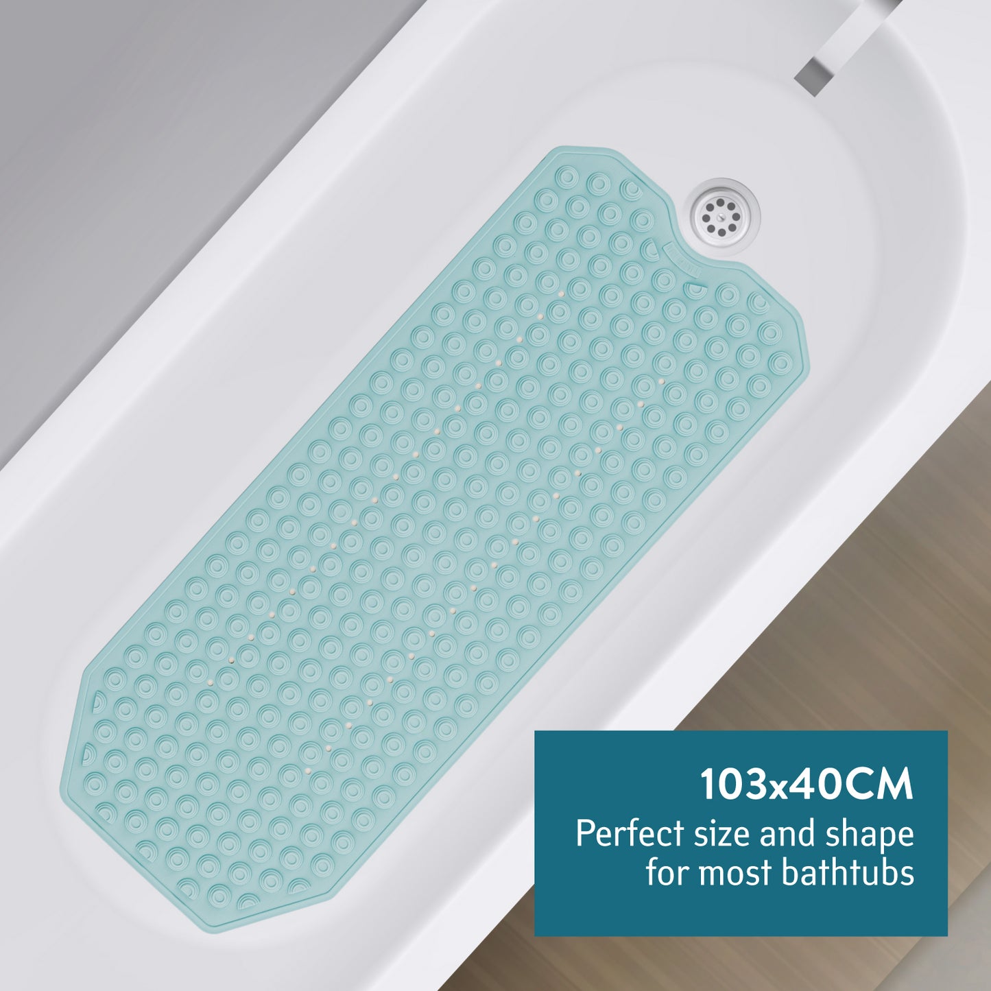 Tatkraft Secure - Non Slip Bath Mat for Inside Shower/Bath, 40 x 103cm, Durable Natural Rubber Bathtub Mat, Blue, Premium Italian Quality