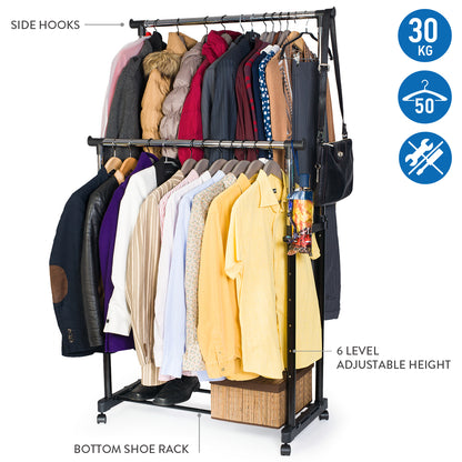 Double Clothes Rail on Wheels, Robust and Stable Clothing Rail, Adjustable Height,